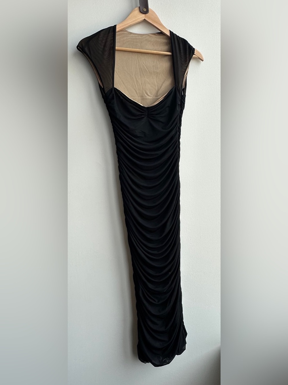 SER.O.YA Kylie Black Ruched Midi Dress with Sheer Shoulders Sz. Small